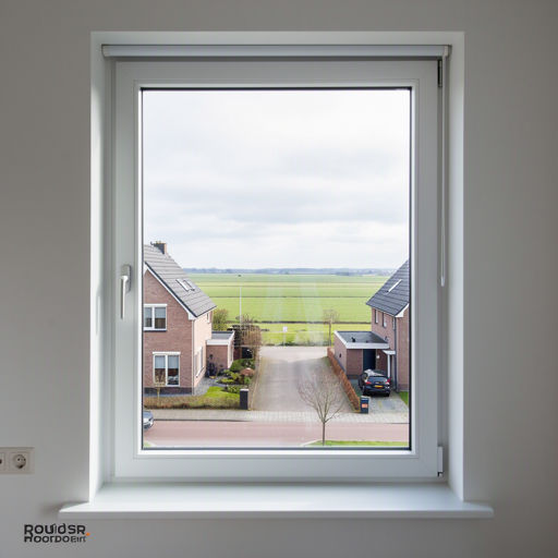 Interieur woning Nieuw-Vennep met uitzicht door groot kunststof kozijn op straat in de polder