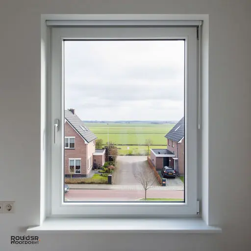 Interieur woning Nieuw-Vennep met uitzicht door groot kunststof kozijn op straat in de polder