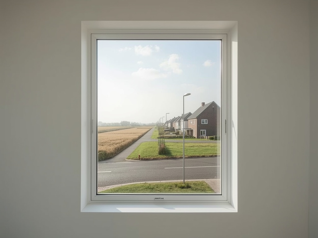 Interieur woning Amsterdam met uitzicht door groot kunststof kozijn op een typische woonstraat