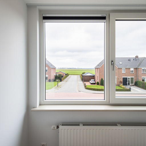 Interieur woning Amstelveen met uitzicht door groot kunststof kozijn op groene straat