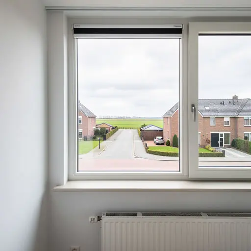 Interieur woning Amstelveen met uitzicht door groot kunststof kozijn op groene straat
