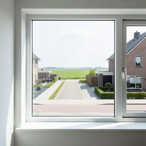 Interieur van een woning in Hillegom met uitzicht door een groot kunststof kozijn op een bloembollenveld