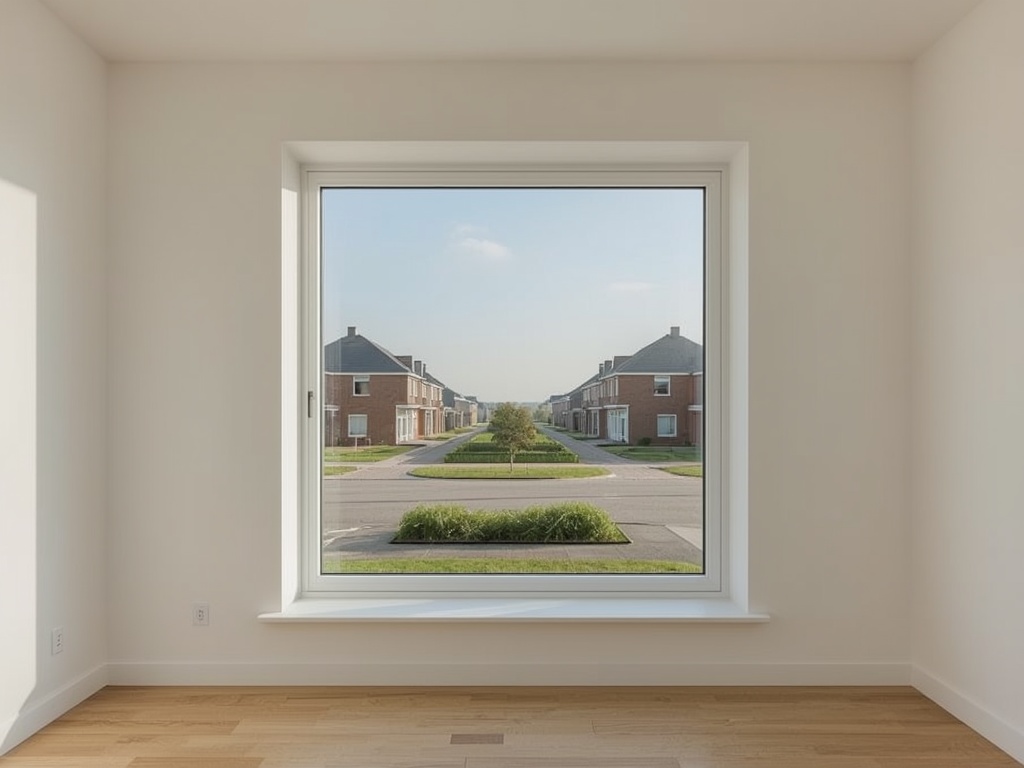 Interieur woning Schiphol met uitzicht door groot kunststof kozijn op luchthavenomgeving