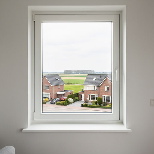 Interieur woning Haarlem met uitzicht door groot kunststof kozijn op het Spaarne
