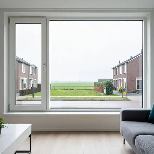 Interieur woning Hoofddorp met uitzicht door groot kunststof kozijn op polderstraat
